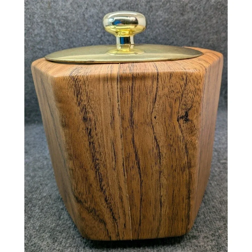 Kraftware Vintage Ice Bucket Faux Woodgrain Gold Tone Lid Mid Century Barware